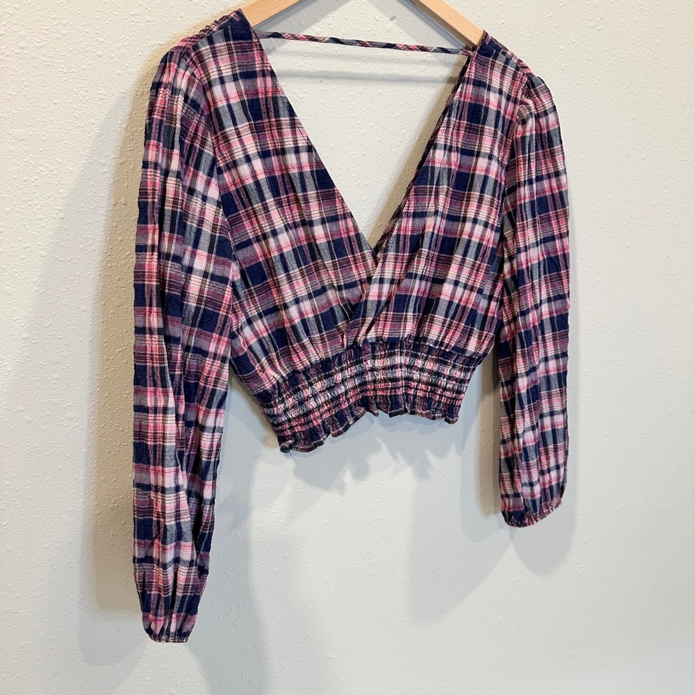 Zara Plaid Crop Top Women Medium Pink Smocked Balloon Sleeve Preppy Cottage Boho - Picture 12 of 12